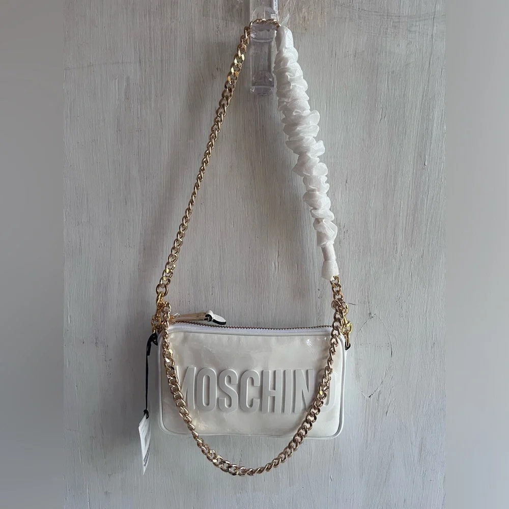 MOSCHINO Patent Leather Logo Shoulder Bag White - Picture 3 of 14